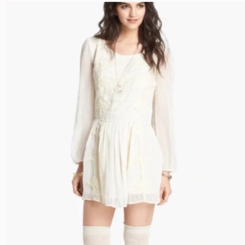 Free People Leigh Ivory Chiffon Lace Bohemian Dress Long Sleeve W-599 Sz S